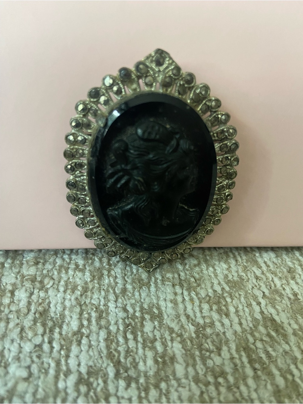 Vintage Silver Tone Black Glass Cameo Pin Framed In Marcasite ?